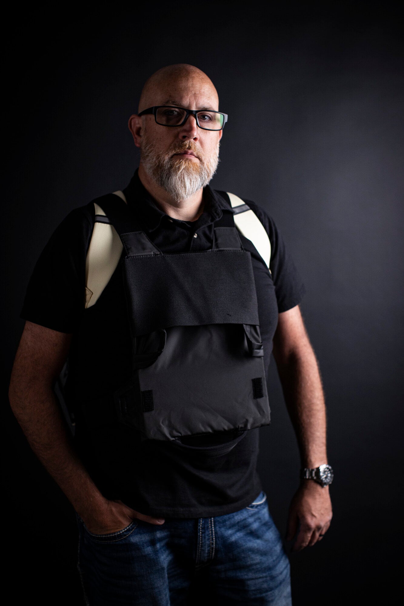 Adult wearing a BP Defence bullet-resistant backpack