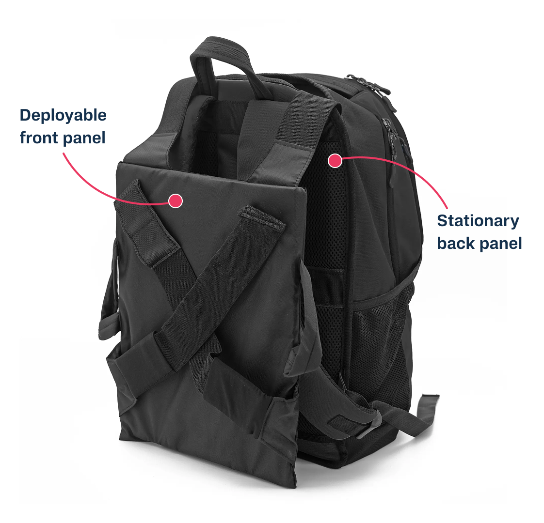 BP Defence backpack showing deployable front panel and stationary back panel